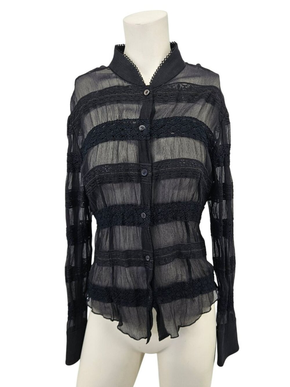 Kay Unger Black Sheer Silk Button-Up Blouse Women’s Size 10 90s Y2K Top
